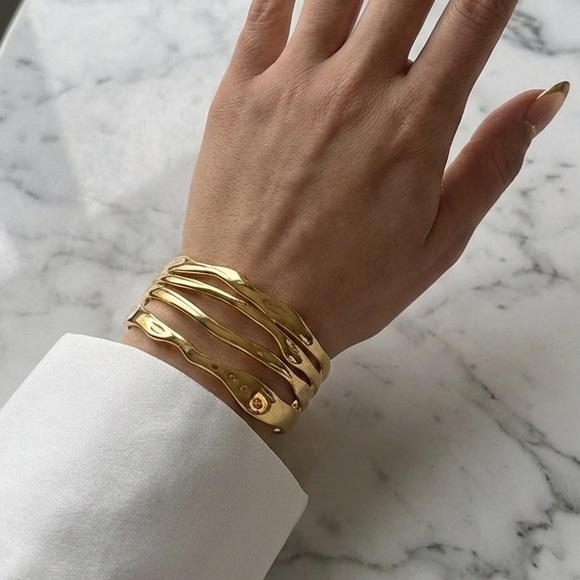 18K Gold Plated Modern Wave Open Cuff Bracelet | Waterproof & Hypoallergenic - Picture 5 of 7